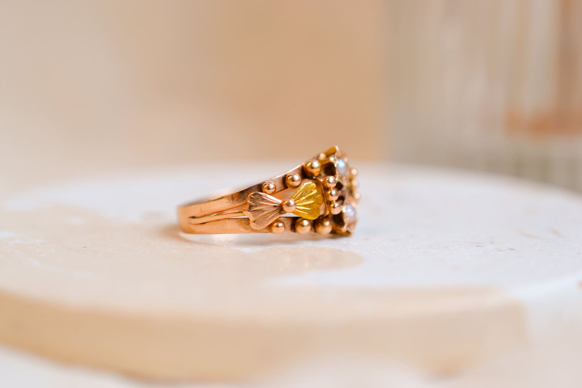 Bague Art Nouveau Or rose Perles