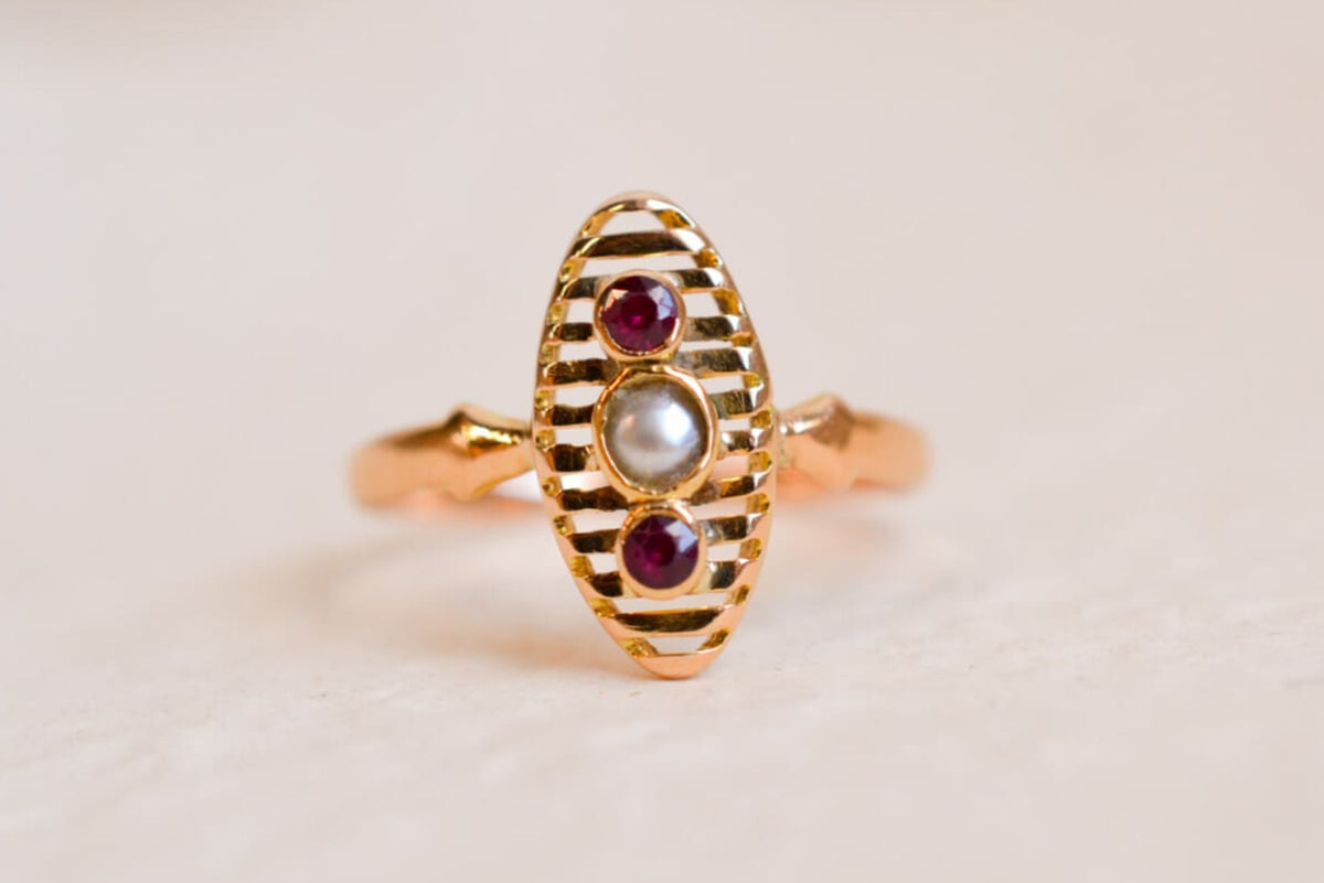 Bague Navette Perle et Rubis de synthèse