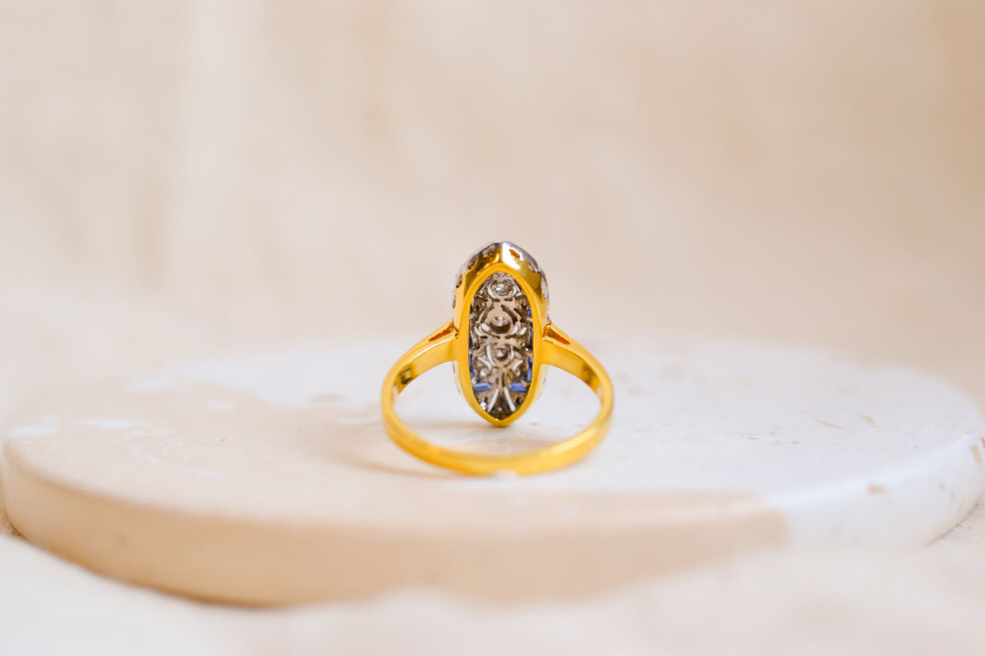 Bague Navette Saphirs et Diamants 14K