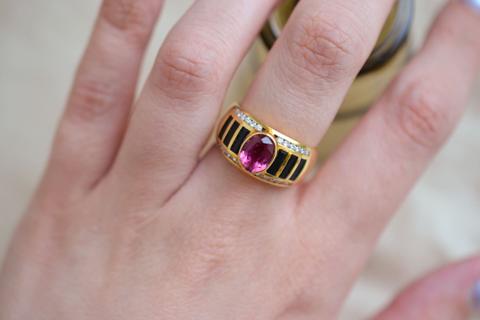 Bague bandeau Tourmaline, Onyx et Diamants