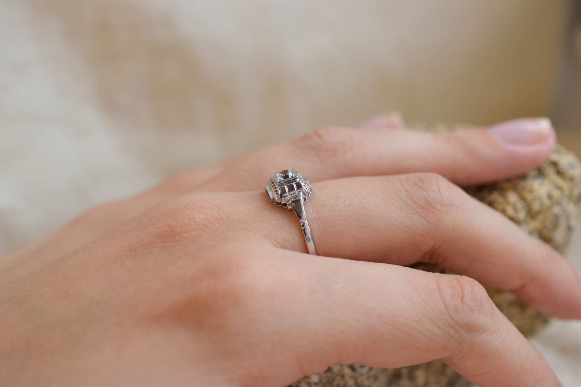 Bague Art Déco Or blanc Oxyde