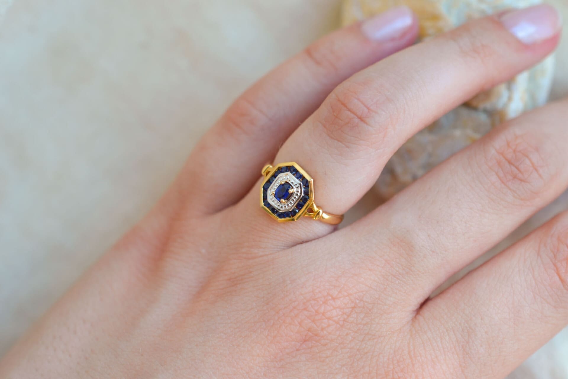 Bague octogonale 2 Ors Saphirs