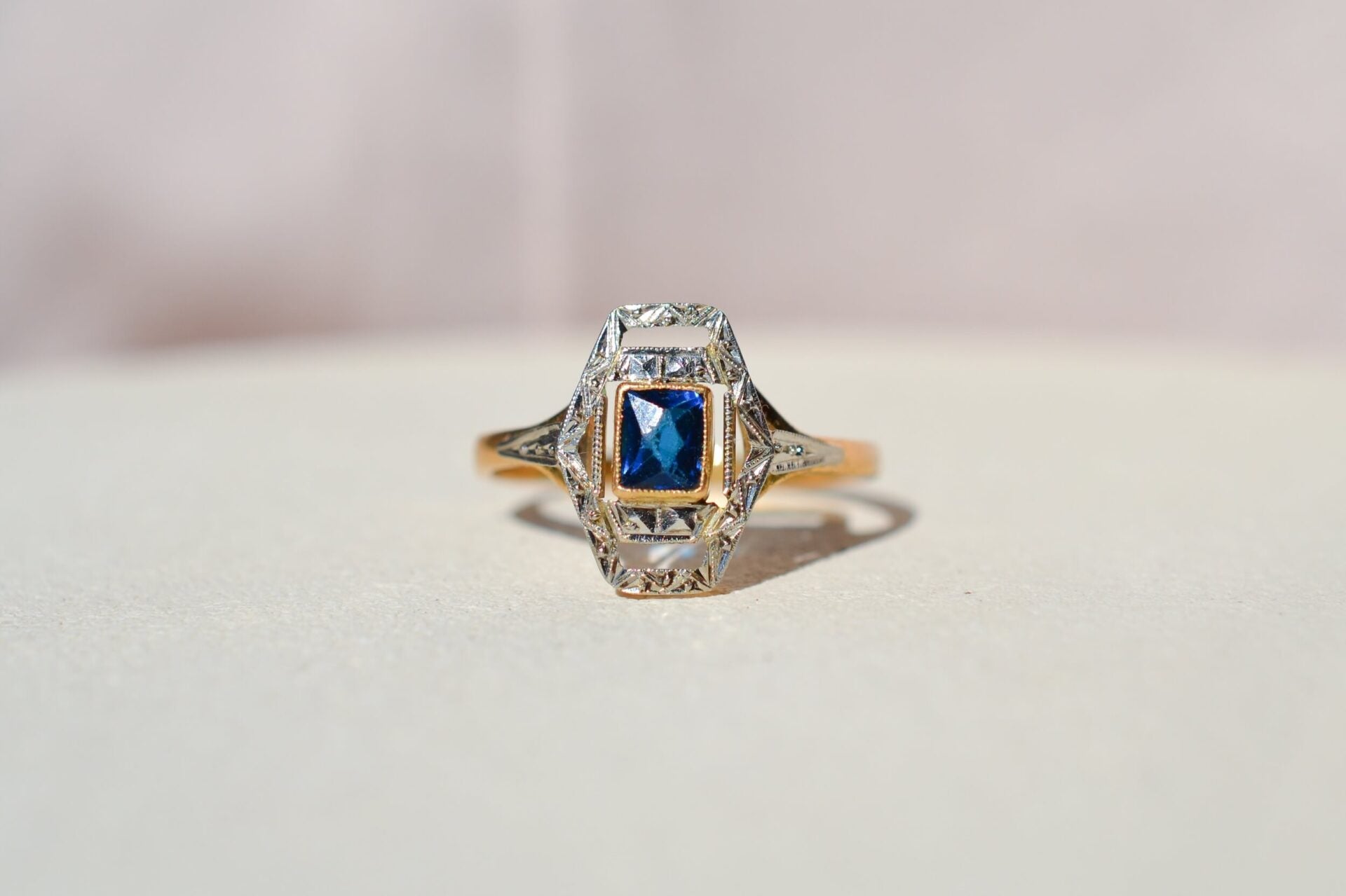 Bague Art Déco 2 Ors verre bleu
