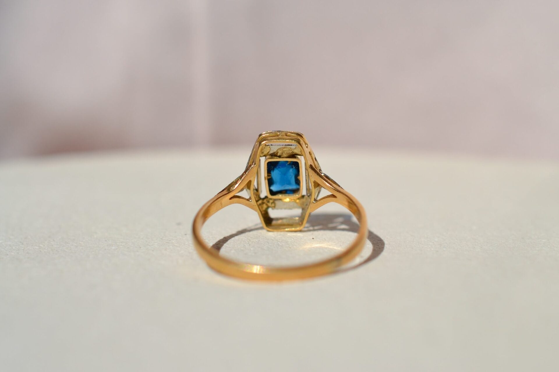 Bague Art Déco 2 Ors verre bleu