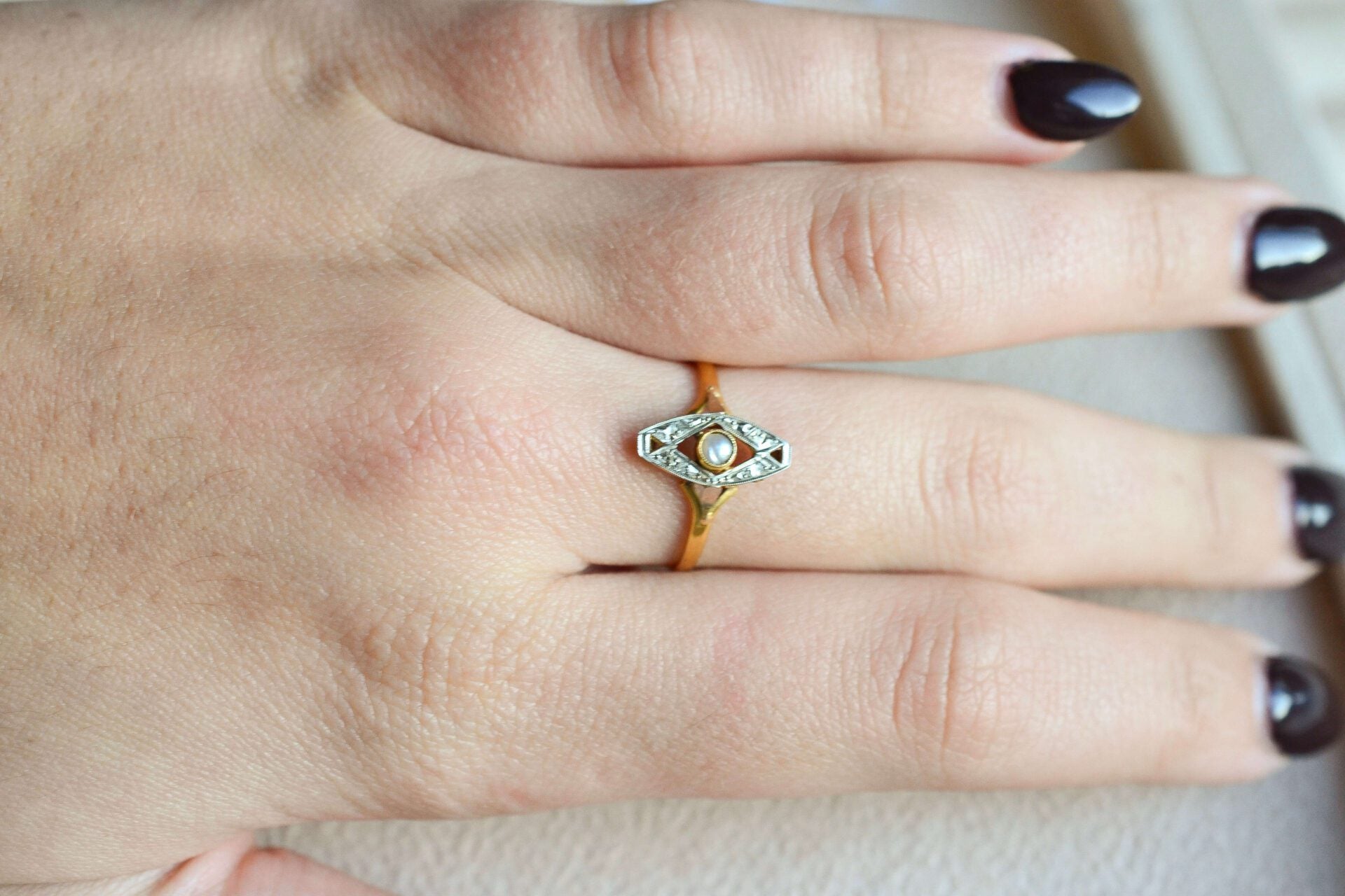 Bague navette 2 Ors Perle