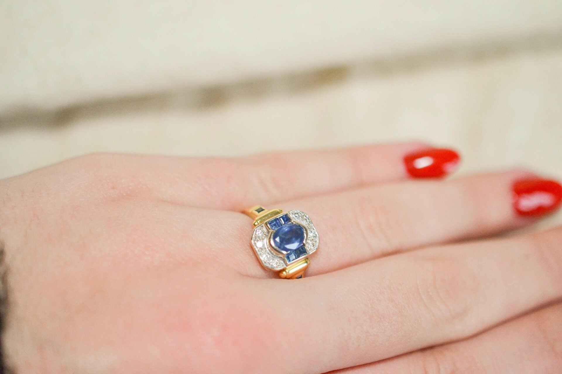 Bague Art Déco Octogonale Saphirs Diamants
