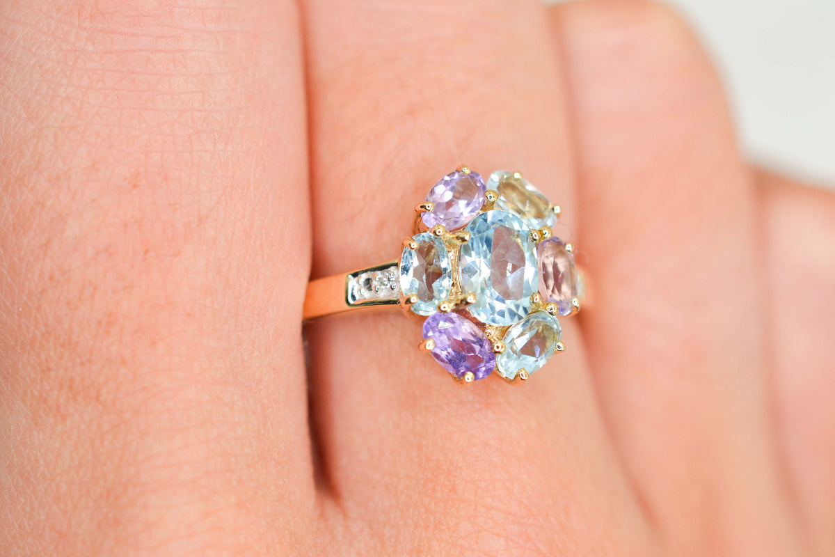 Bague Marguerite Topaze, Améthystes & Aigues-Marines