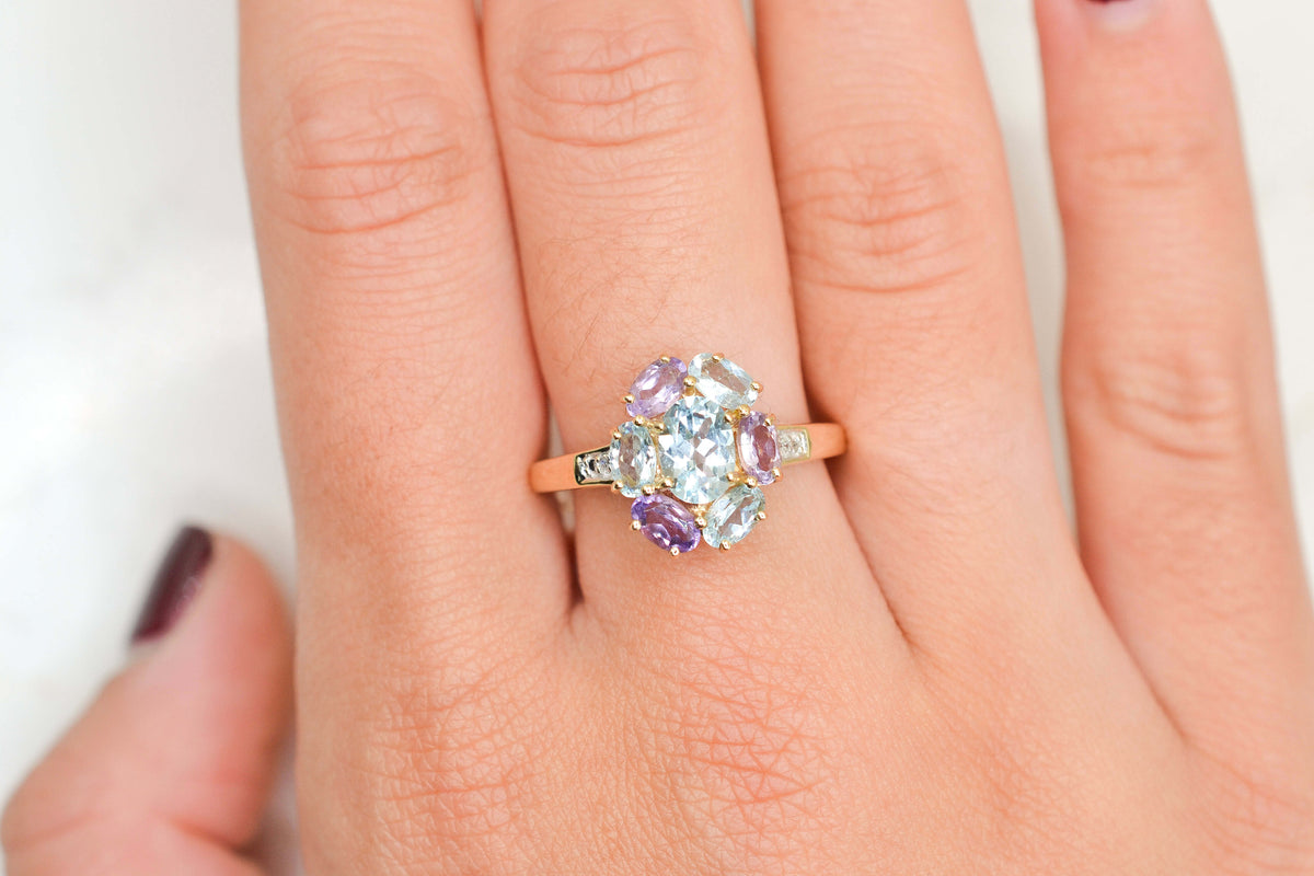 Bague Marguerite Topaze, Améthystes & Aigues-Marines