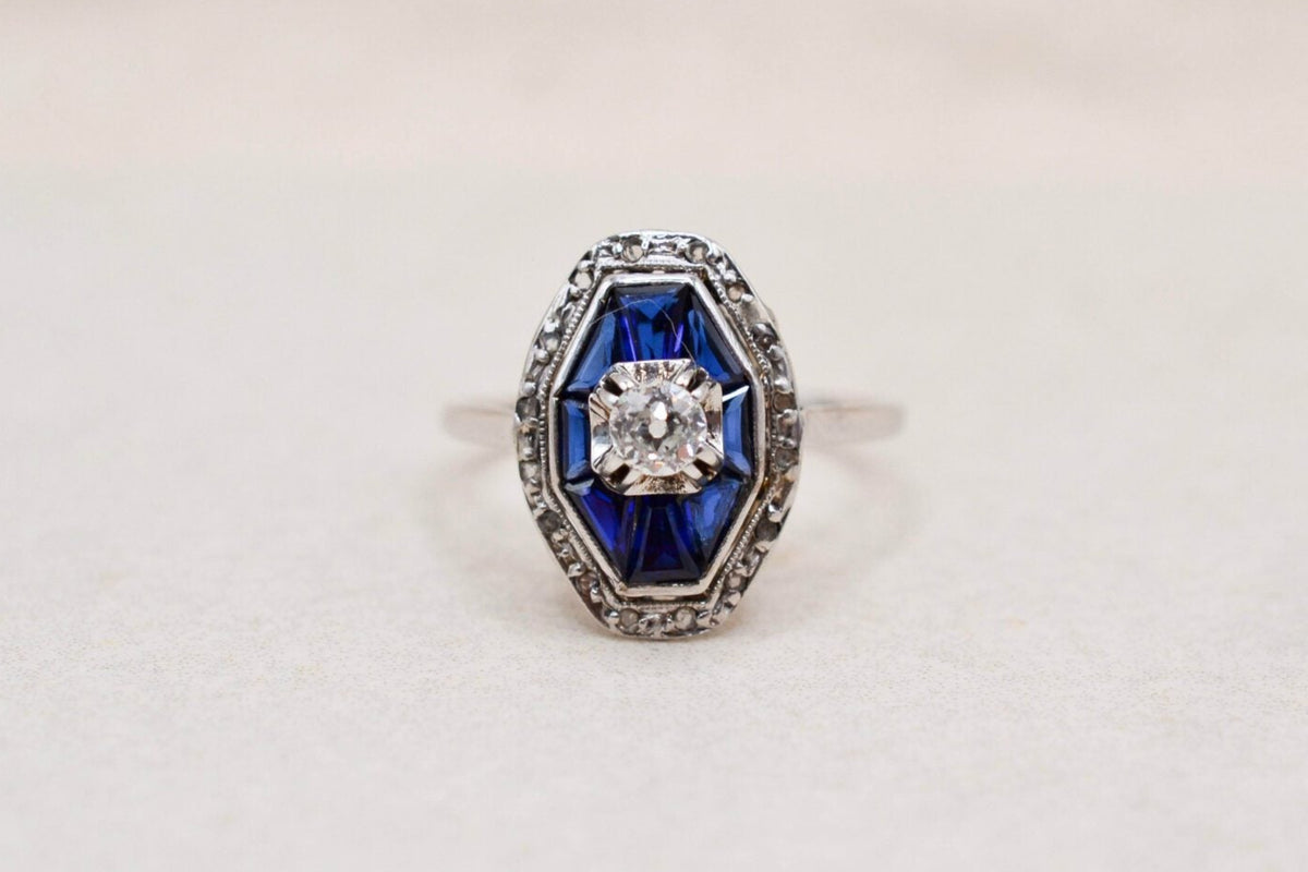 Bague octogonale Diamants et Saphir