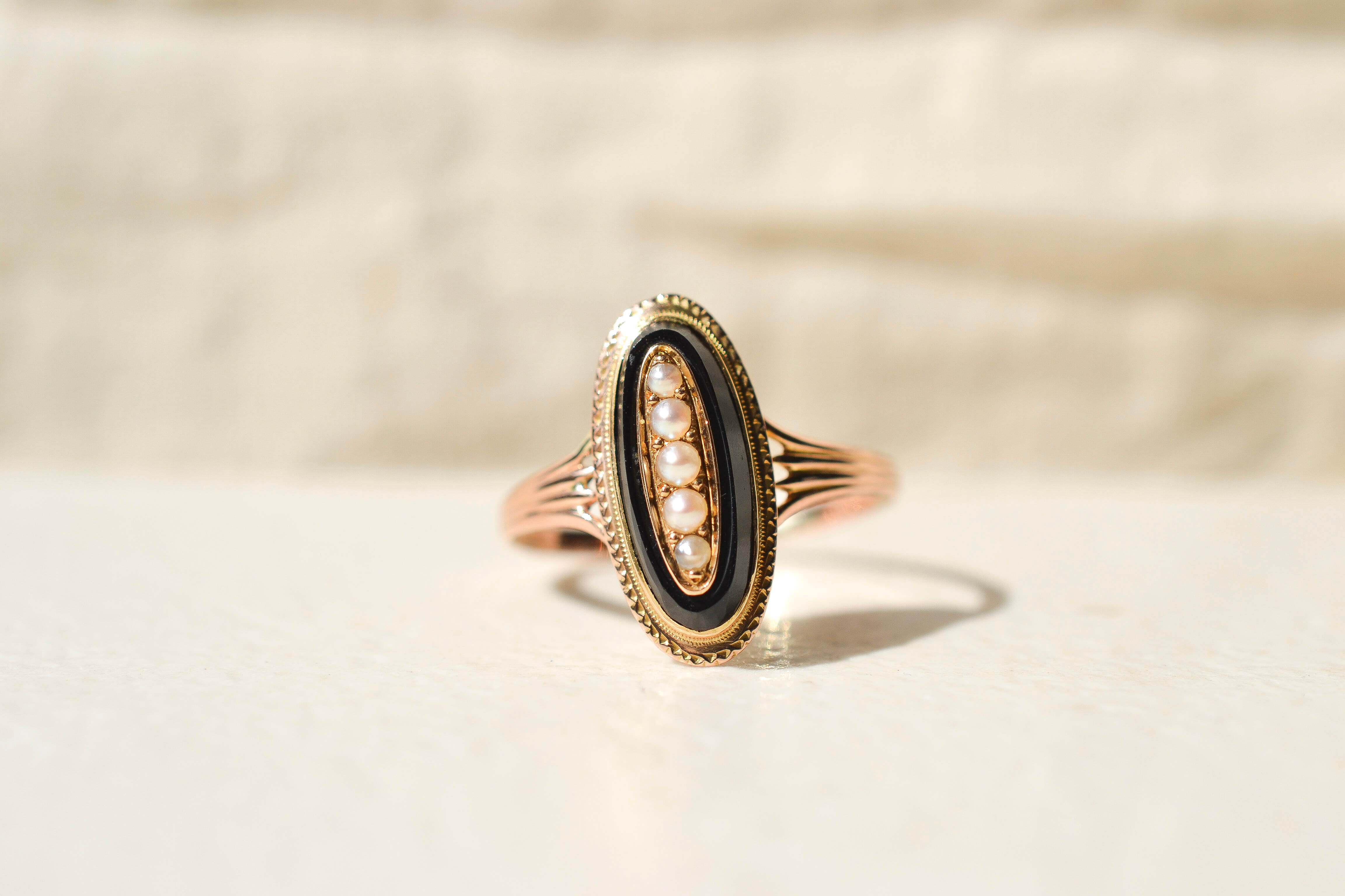 Bague Navette Onyx et Perles