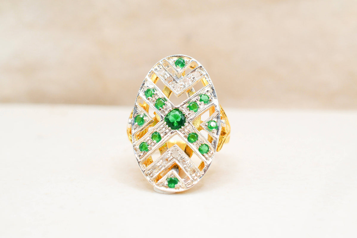 Bague architecturale Diamants & Emeraude 9k