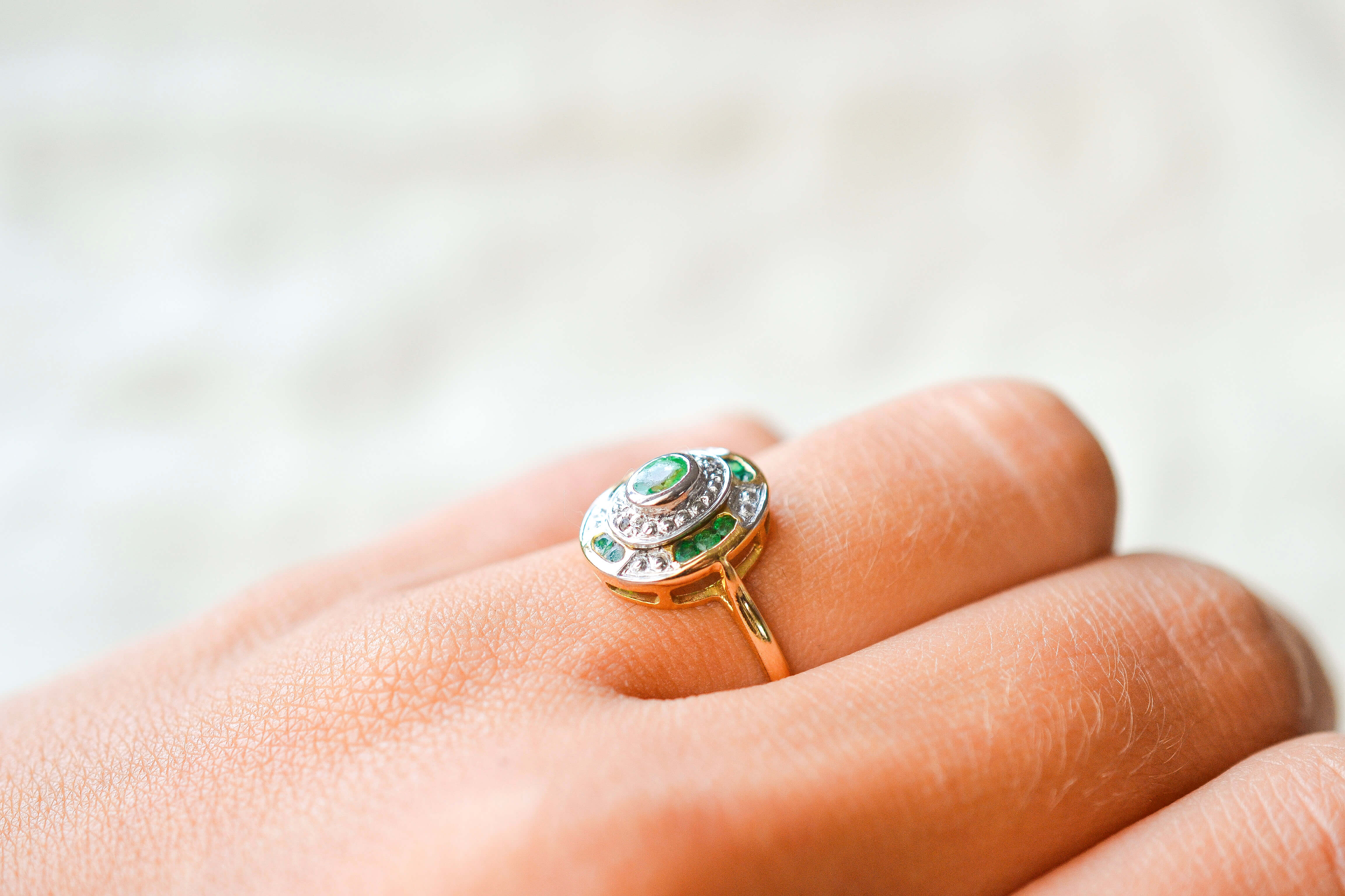 Bague style Art Déco 2 Ors Emeraudes