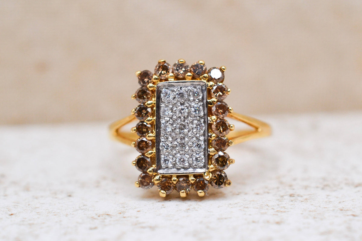 Bague rectangulaire Diamants blancs & champagnes