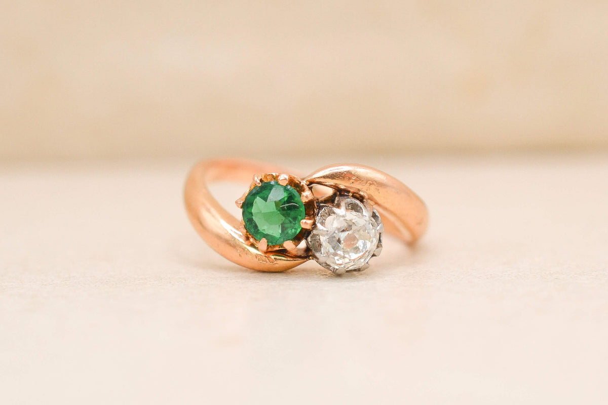 Bague Toi & Moi Diamant et verre vert