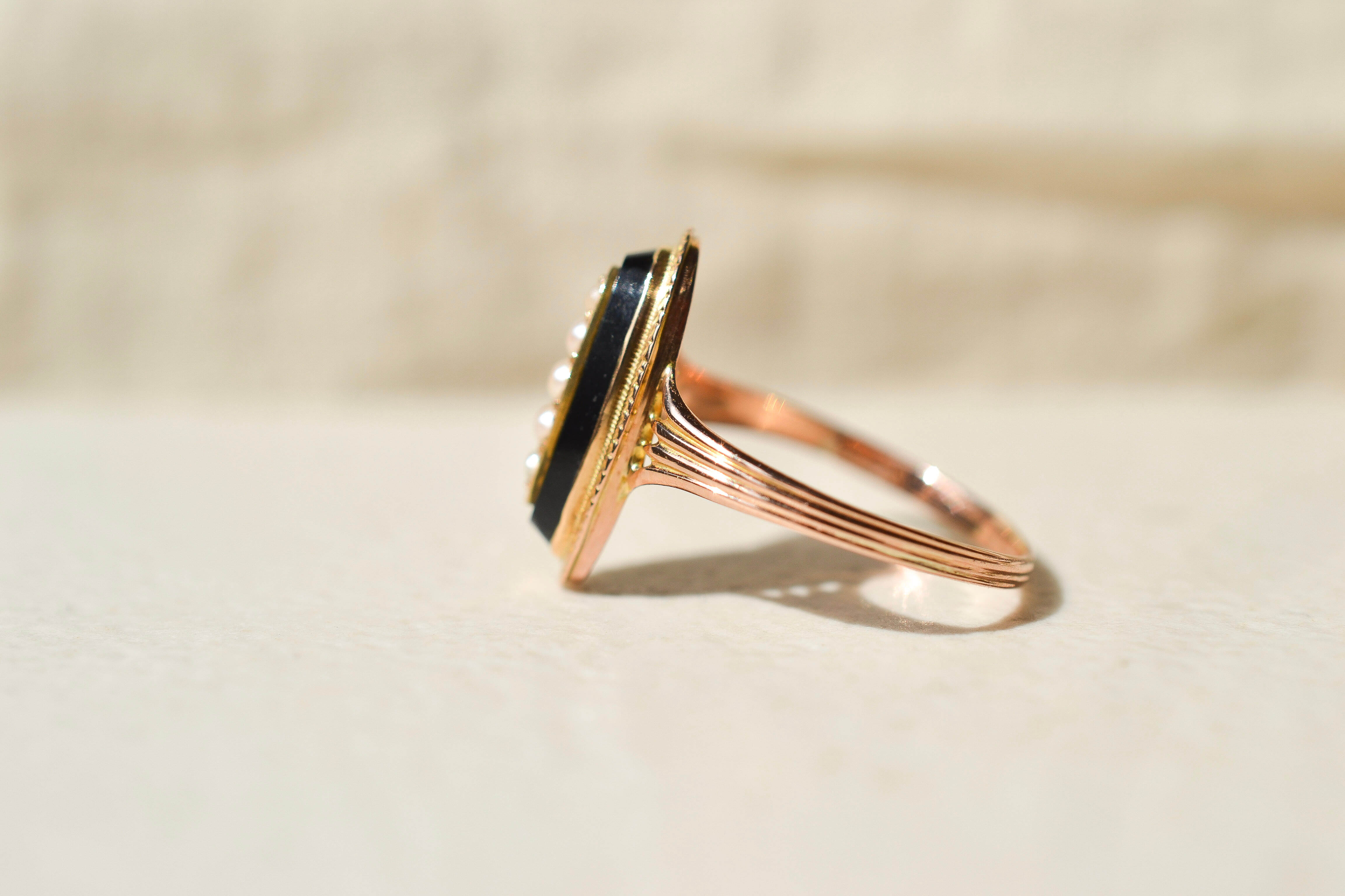 Bague Navette Onyx et Perles
