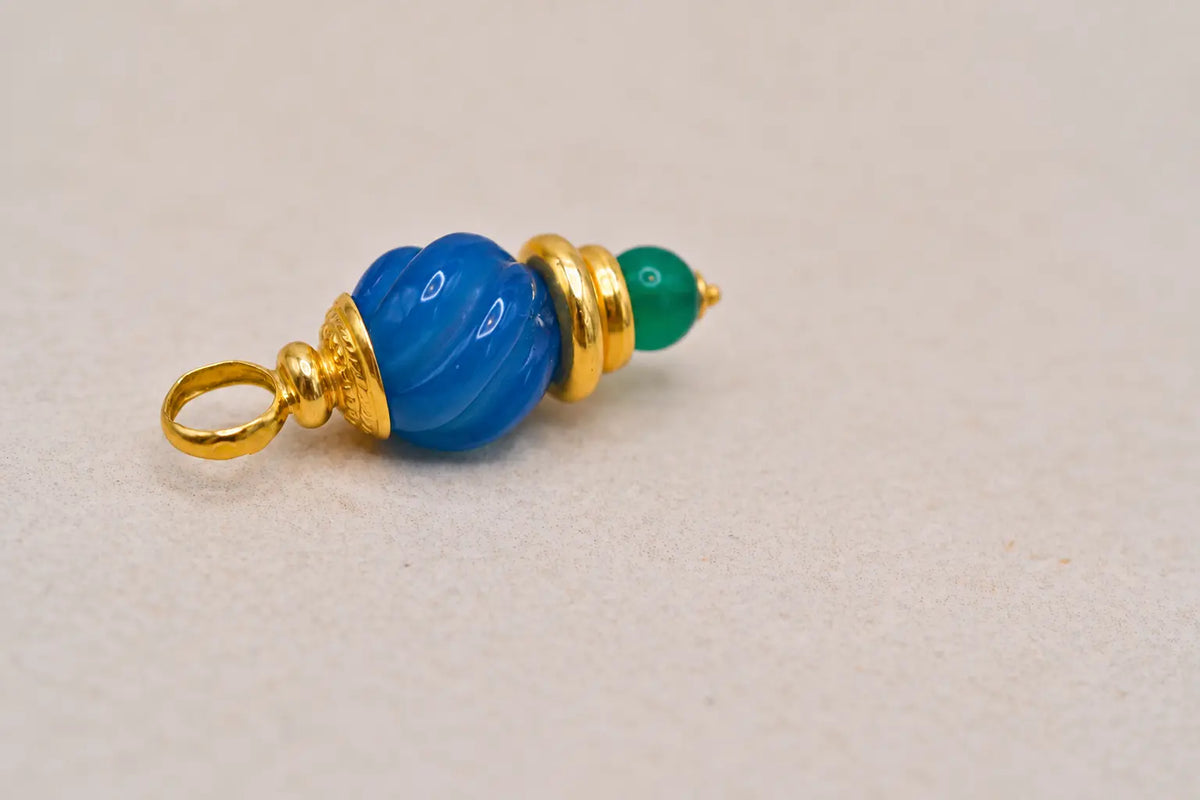 Pendentif Vintage en Or, verre bleu et vert