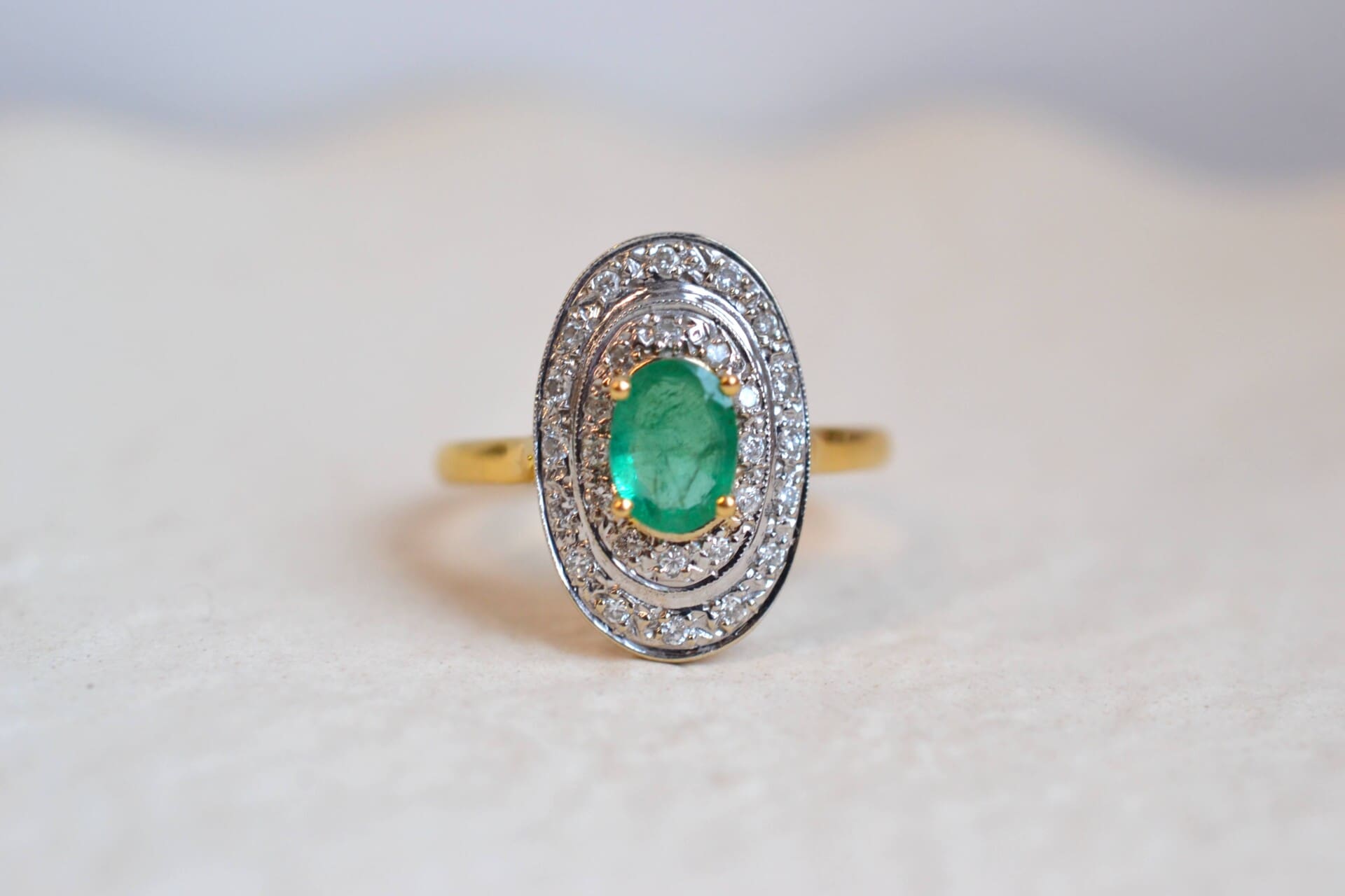 Bague 2 Ors Émeraude et Diamants