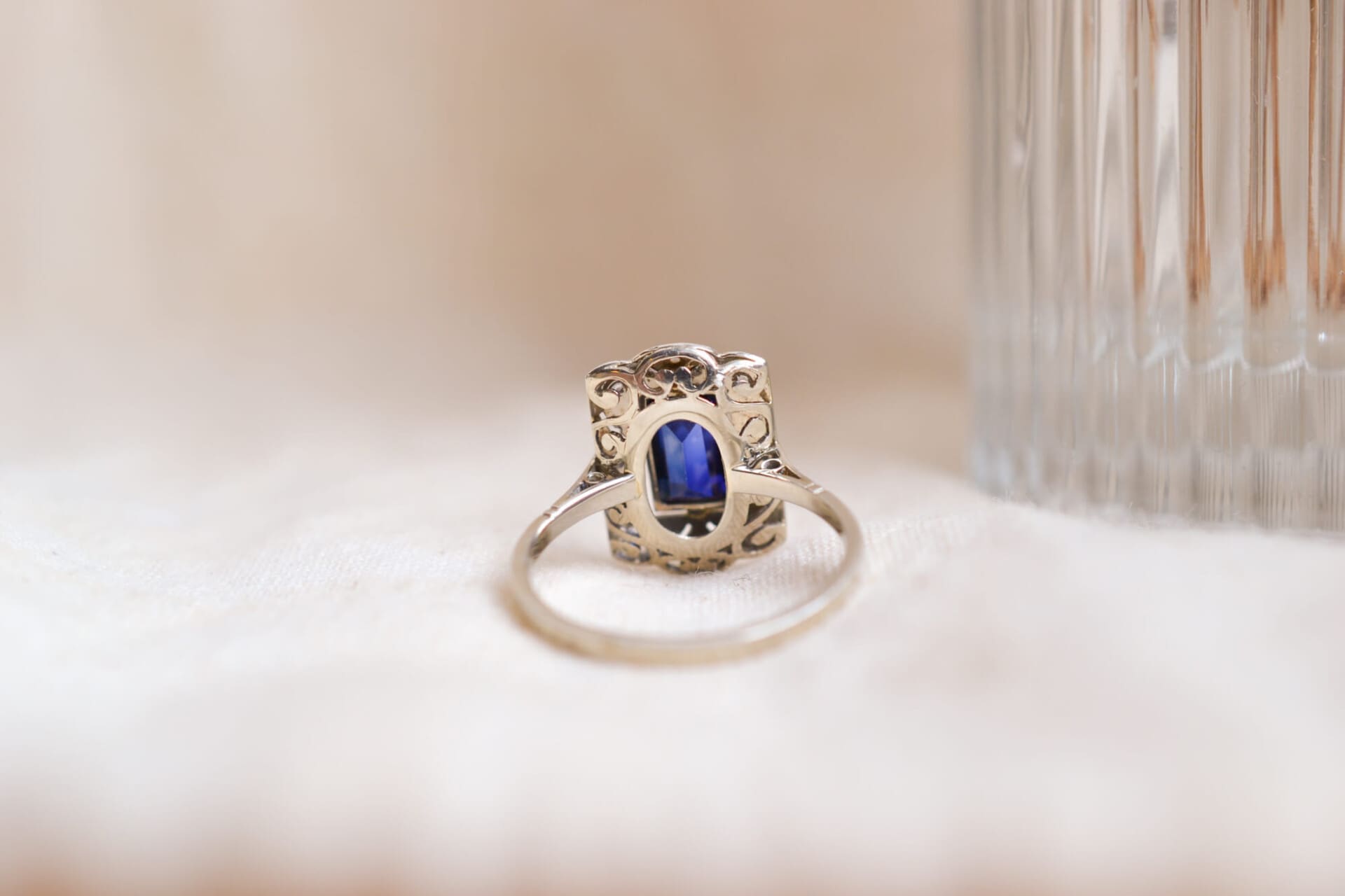 Bague style Art Déco rectangulaire Saphir et Diamants