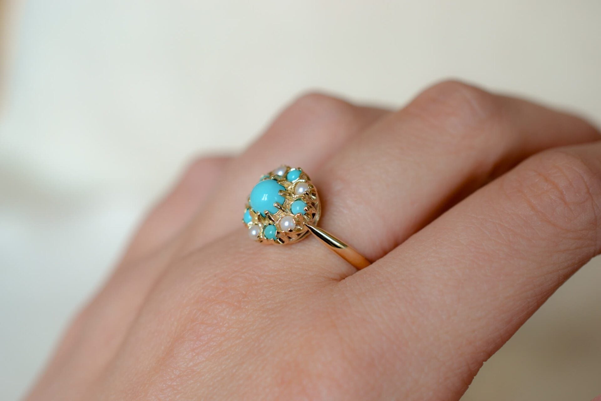 Bague fleur Turquoises et Perles