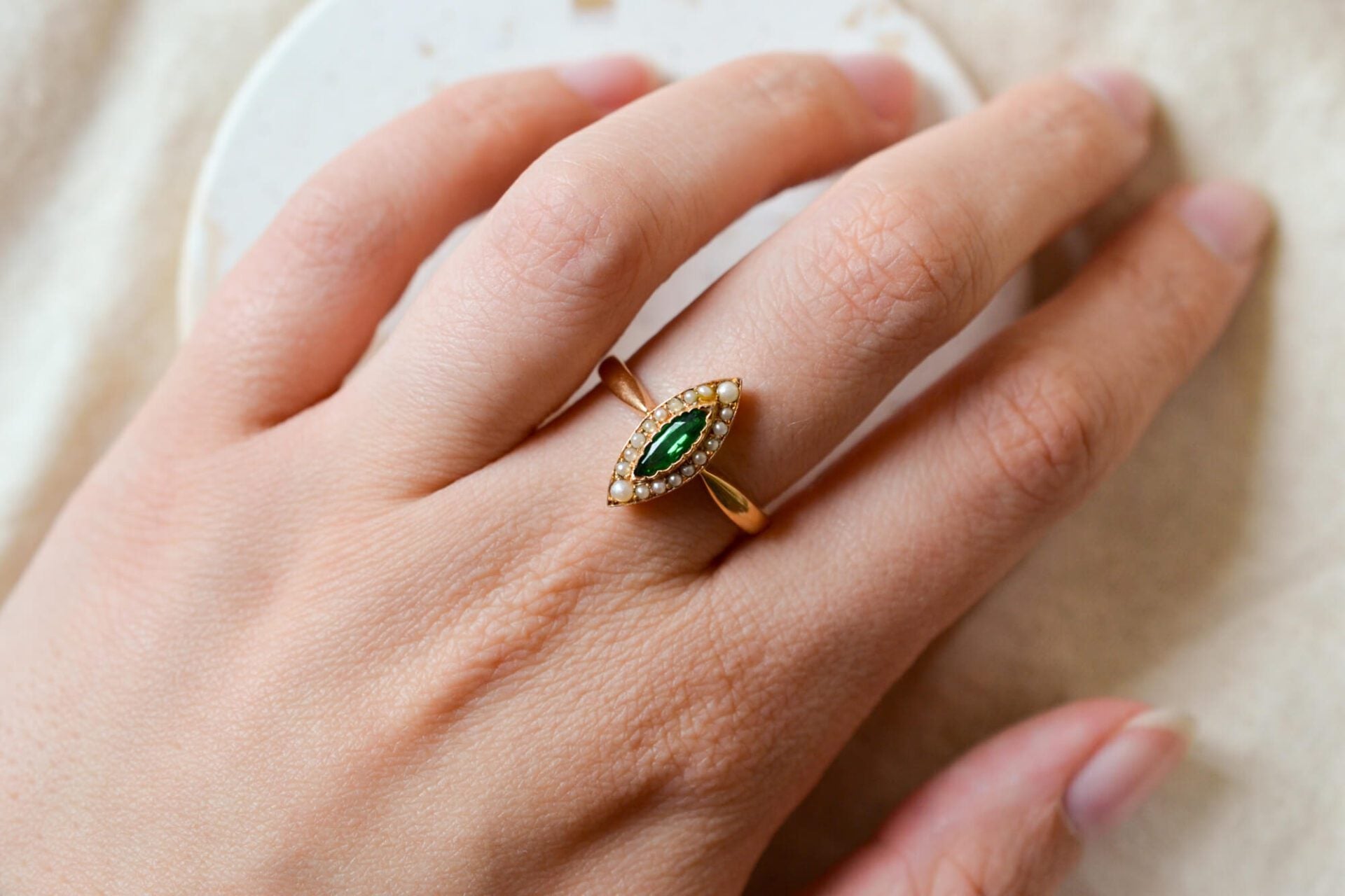 Bague Navette Perles et Verre
