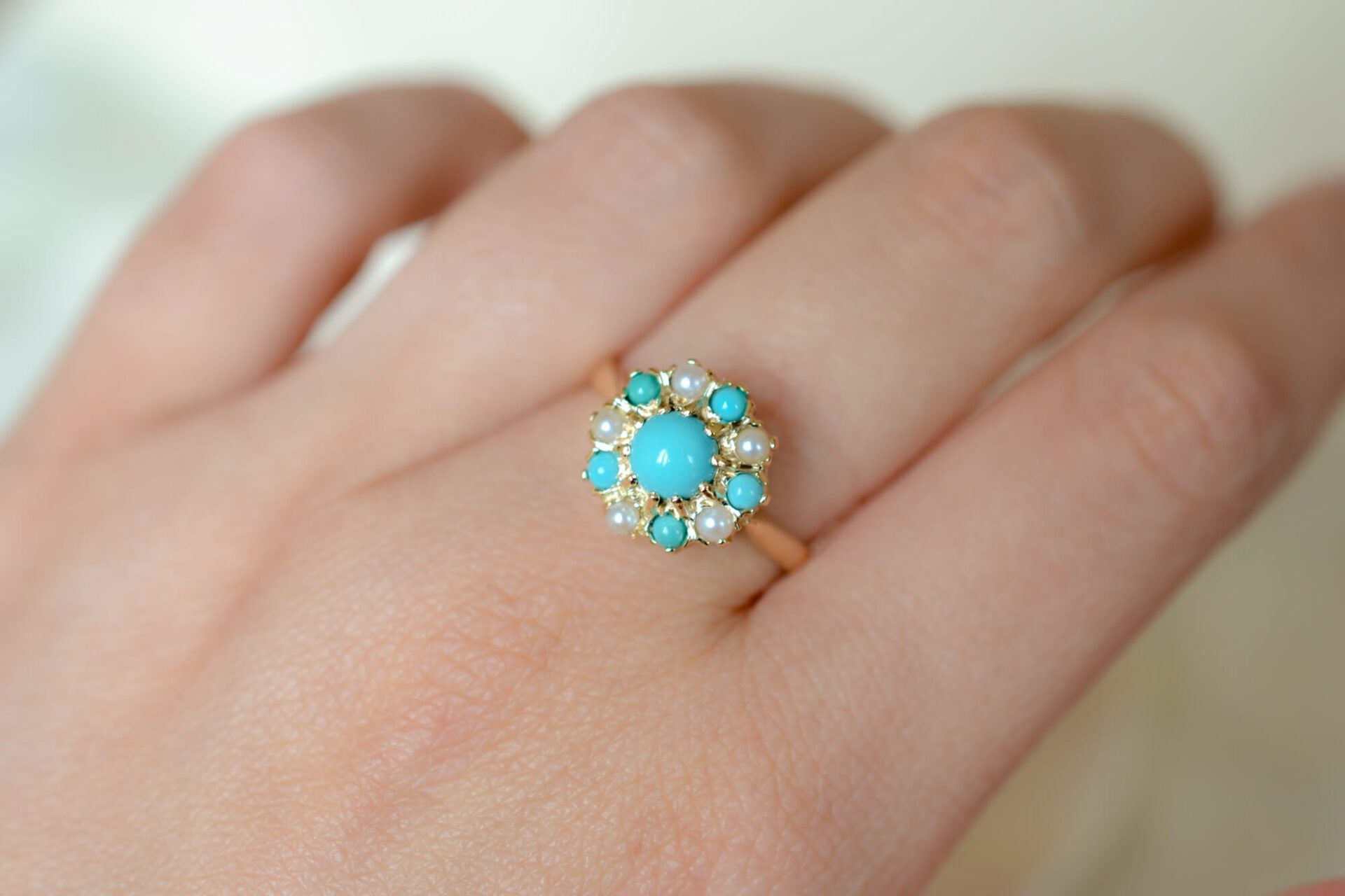 Bague fleur Turquoises et Perles