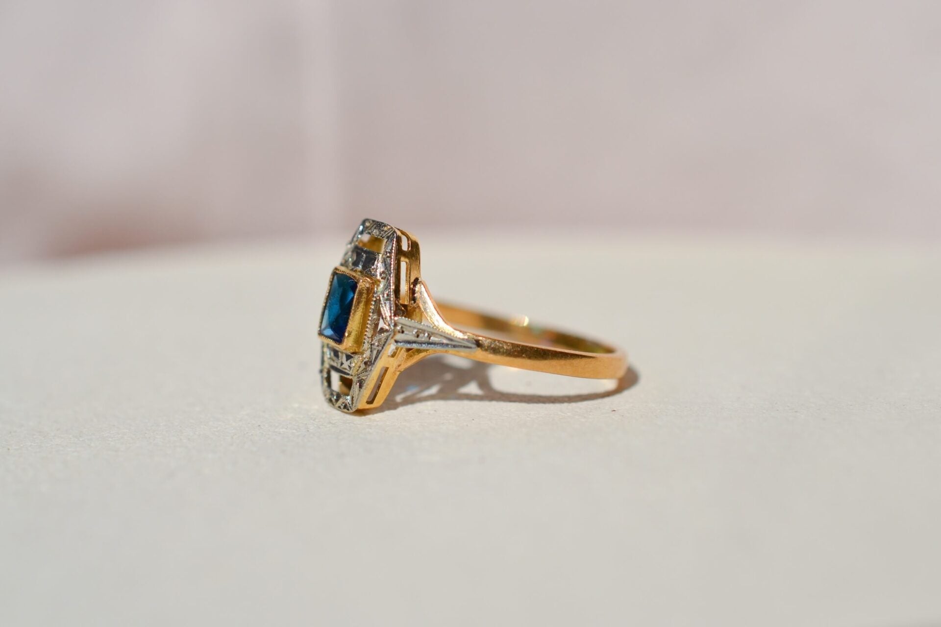 Bague Art Déco 2 Ors verre bleu
