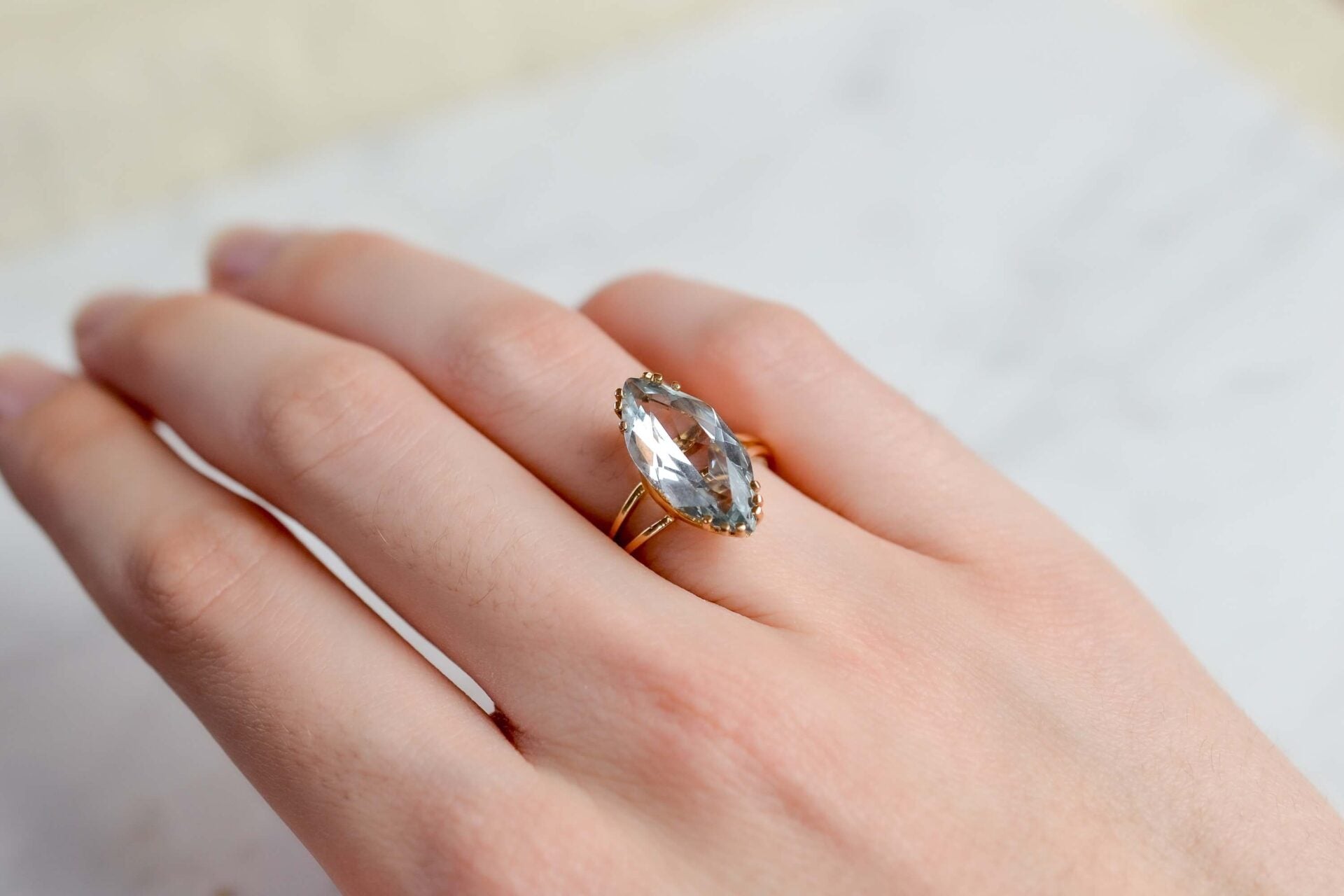 Bague Vintage Navette Aigue-Marine