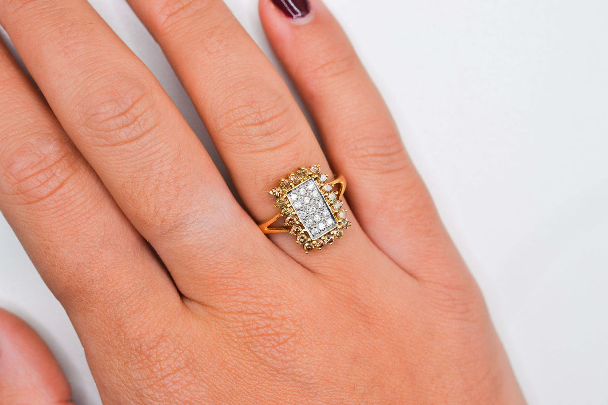 Bague rectangulaire Diamants blancs & champagnes