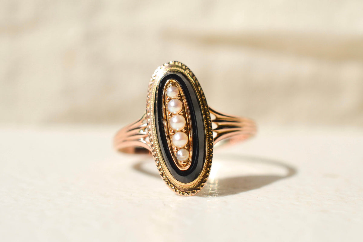 Bague Navette Onyx et Perles