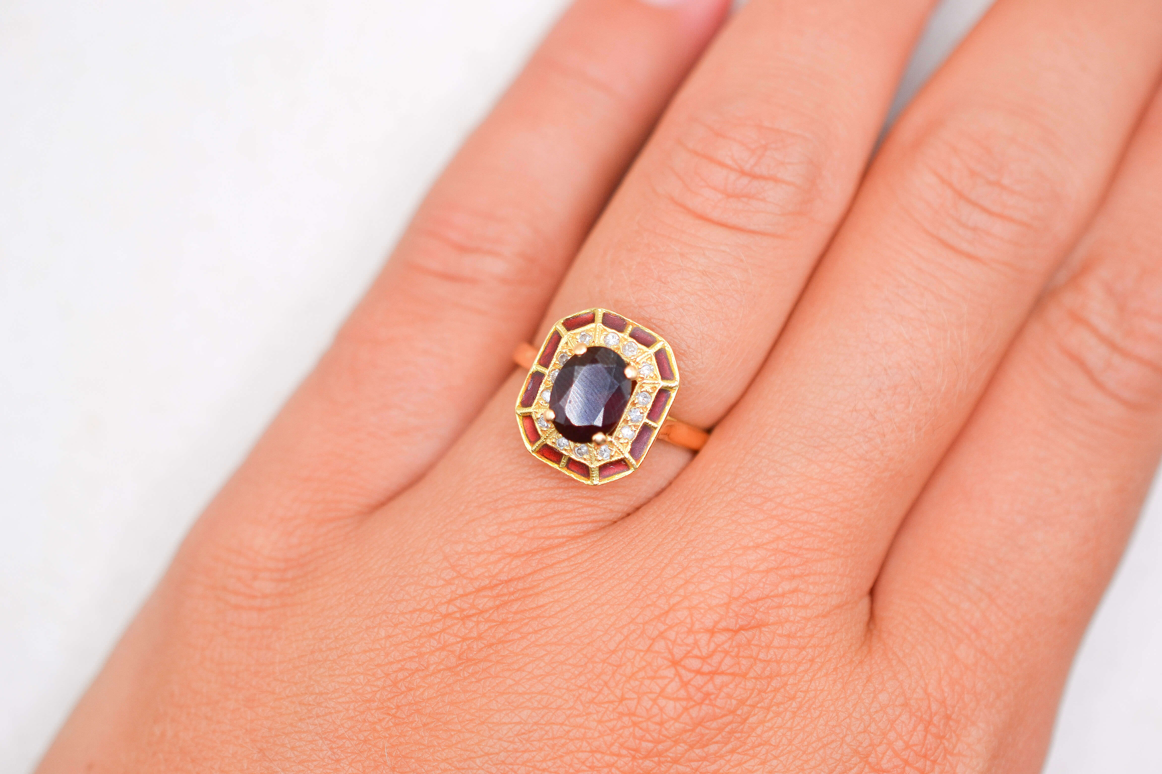 Bague Art Déco Diamants, Grenat et émail