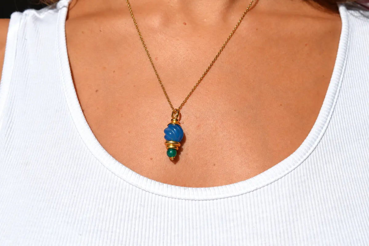 Pendentif Vintage en Or, verre bleu et vert