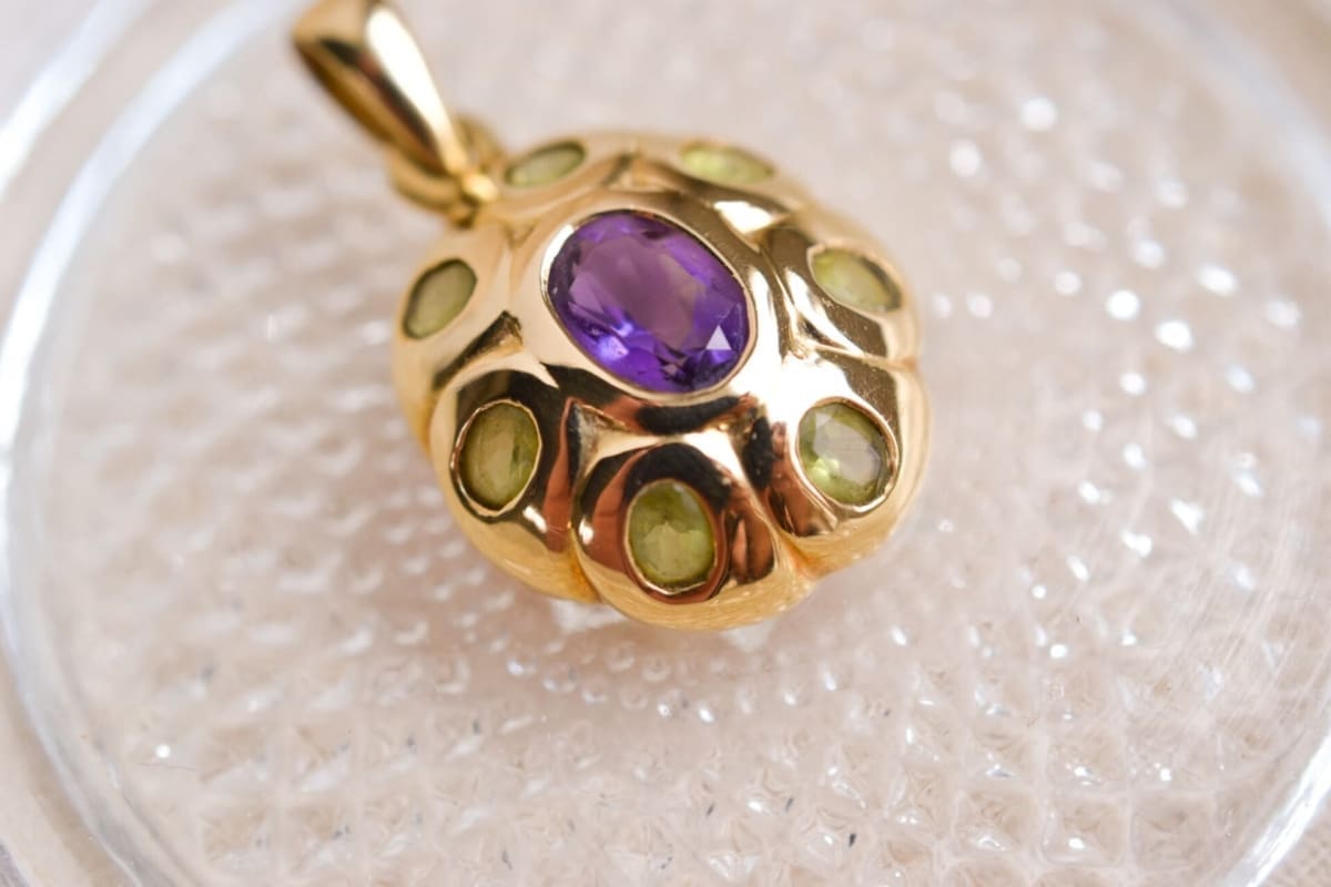 Pendentif oval Améthyste et Péridots - pendentif Or jaune