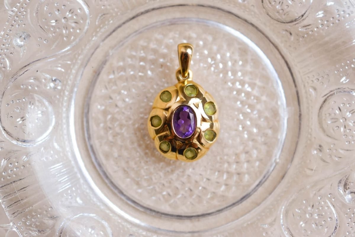 Pendentif oval Améthyste et Péridots - pendentif ancien