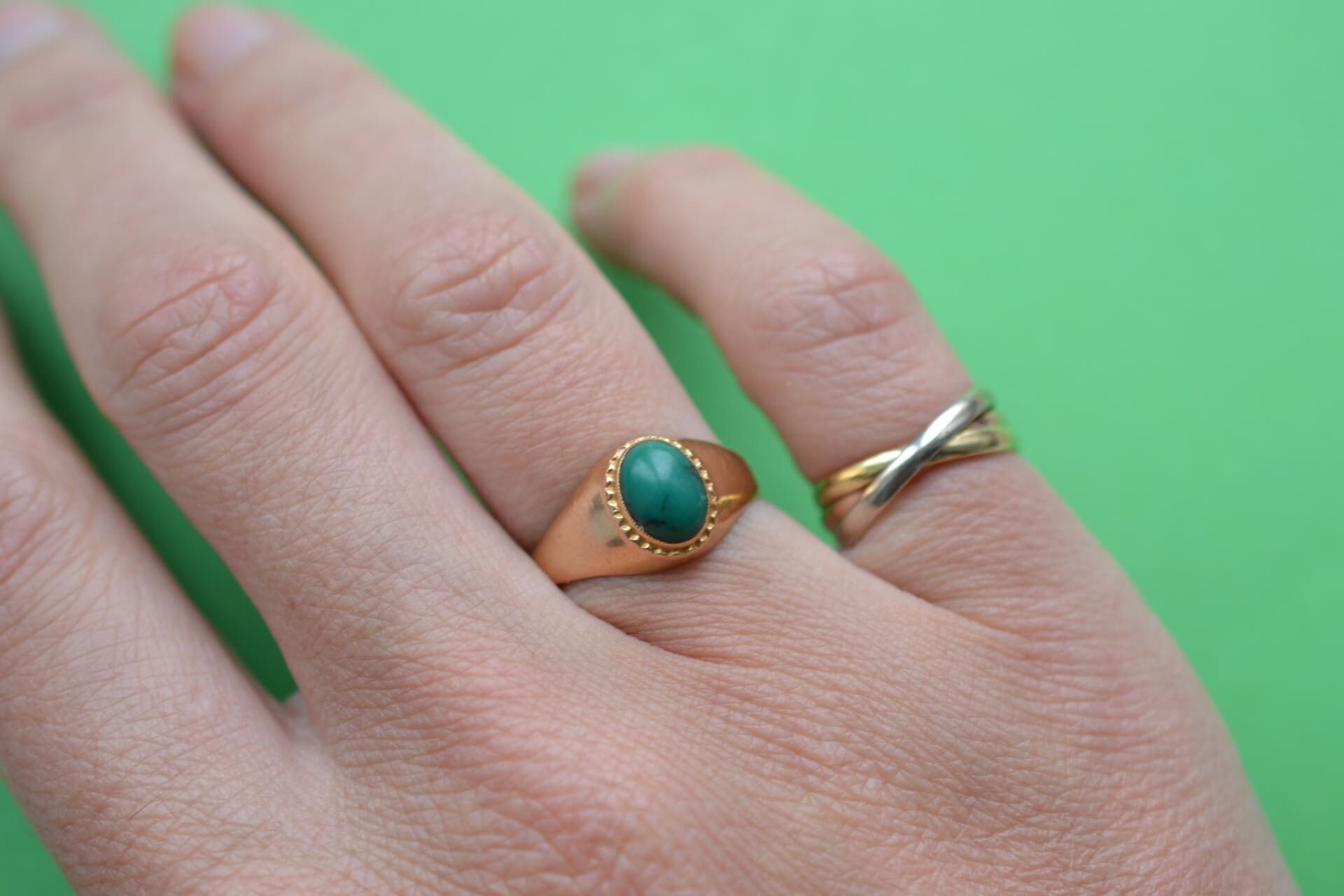 Ancienne Bague Argent Massif Alliance Anneaux Créateur Jonc Pierre verte