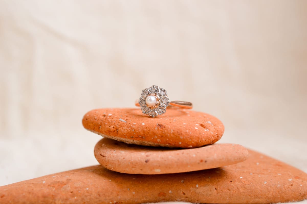 Bague 2 Ors Perle decor fleur