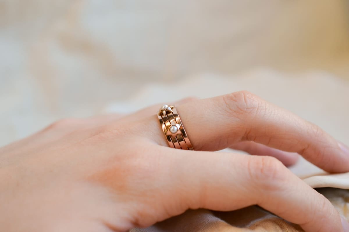 Bague de fiançailles Vintage en Or rose 18 carats ornée de Perles étoilées