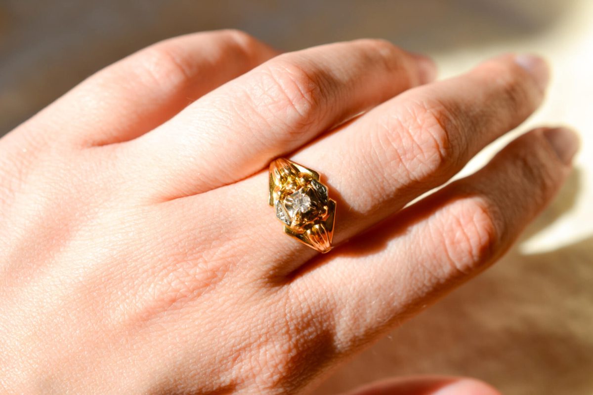 Bague de fiançailles Art Déco en Or jaune 18 carats centrée d'un Oxyde