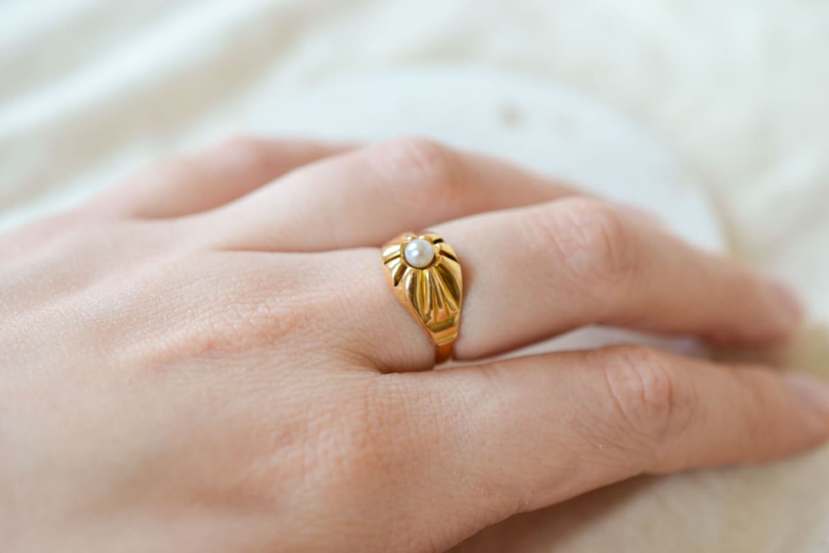 Bague de fiançailles Vintage en Or jaune 18 carats sertie d'une Perle