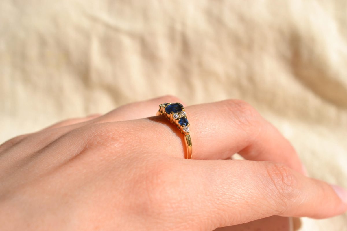 Bague de fiançailles Vintage en Or jaune 18 carats sertie de Saphirs et Oxydes