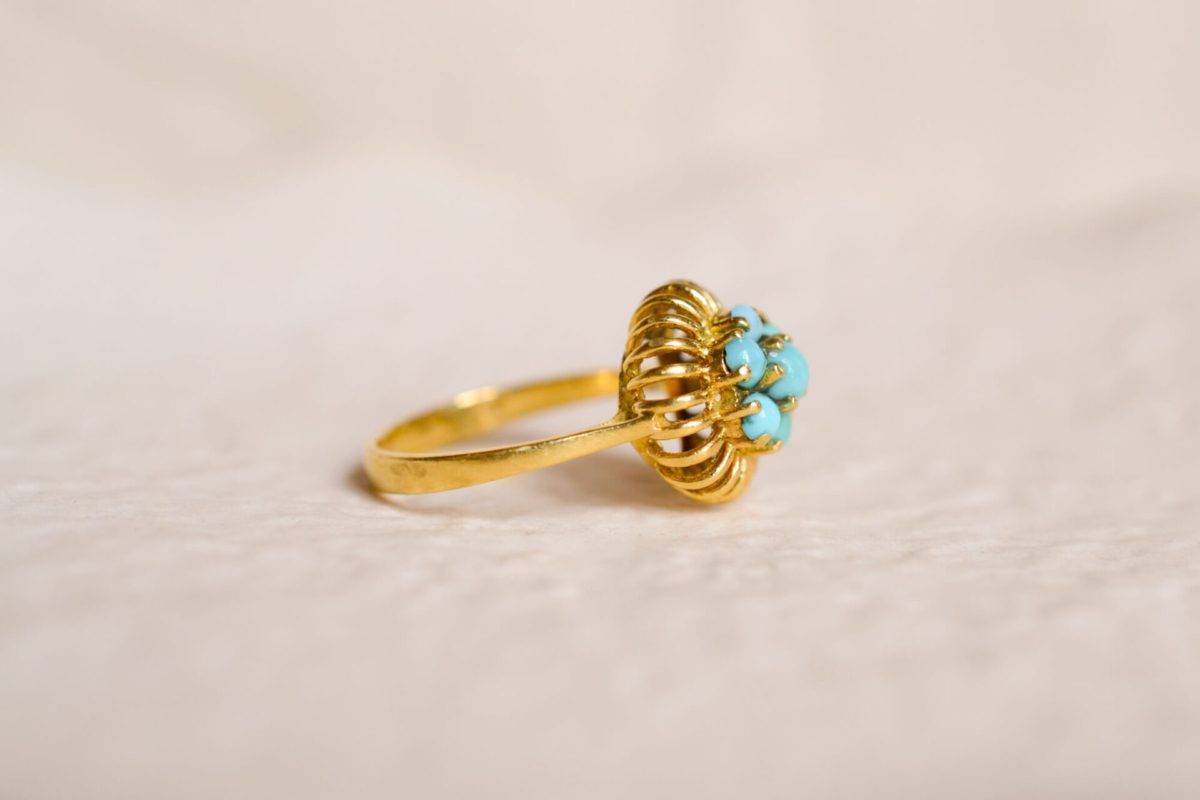 Bague Vintage en Or jaune 18 carats ornée de Turquoises
