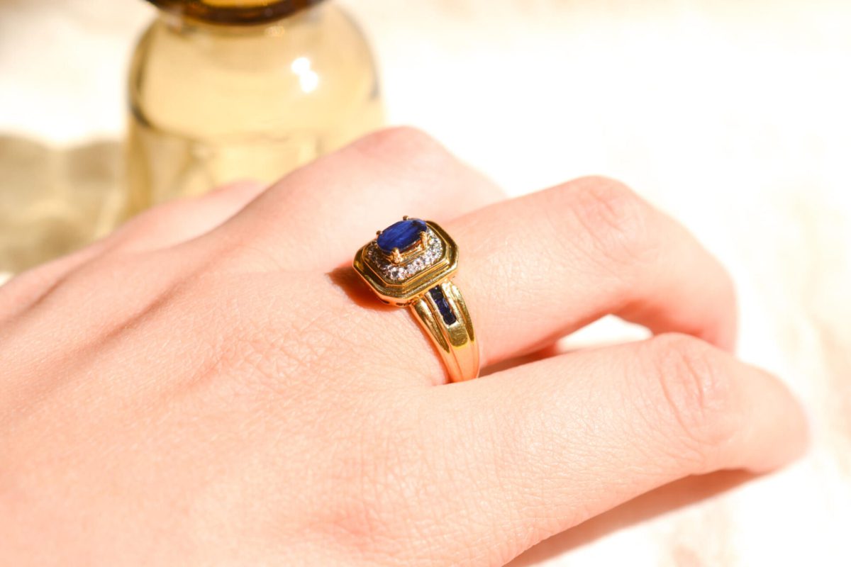 Bague de fiançailles Vintage en Or jaune 18 carats sertie de Saphirs et de Diamants