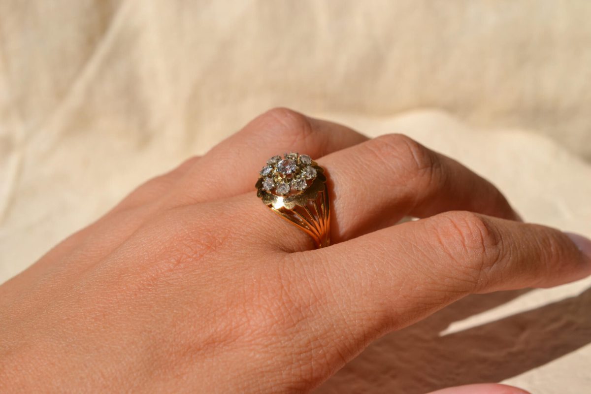 Bague de fiançailles Vintage en Or jaune 18 carats sertie de pierres blanches