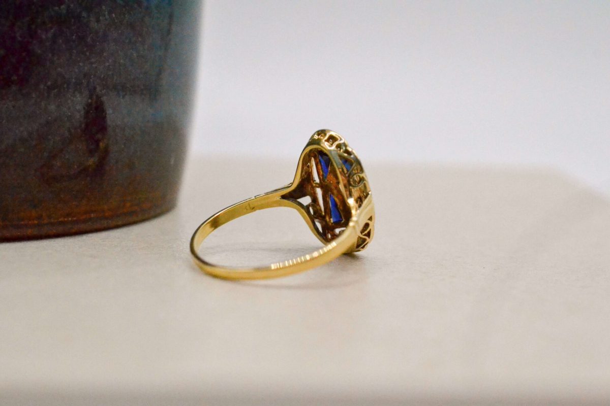 Bague Art Déco 2 Ors Diamants et Saphirs de Synthèse