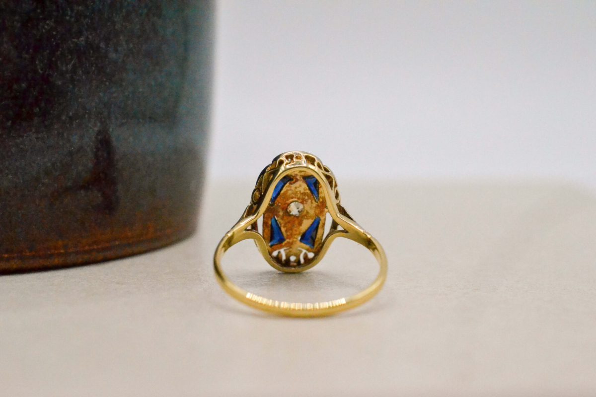 Bague Art Déco 2 Ors Diamants et Saphirs de Synthèse