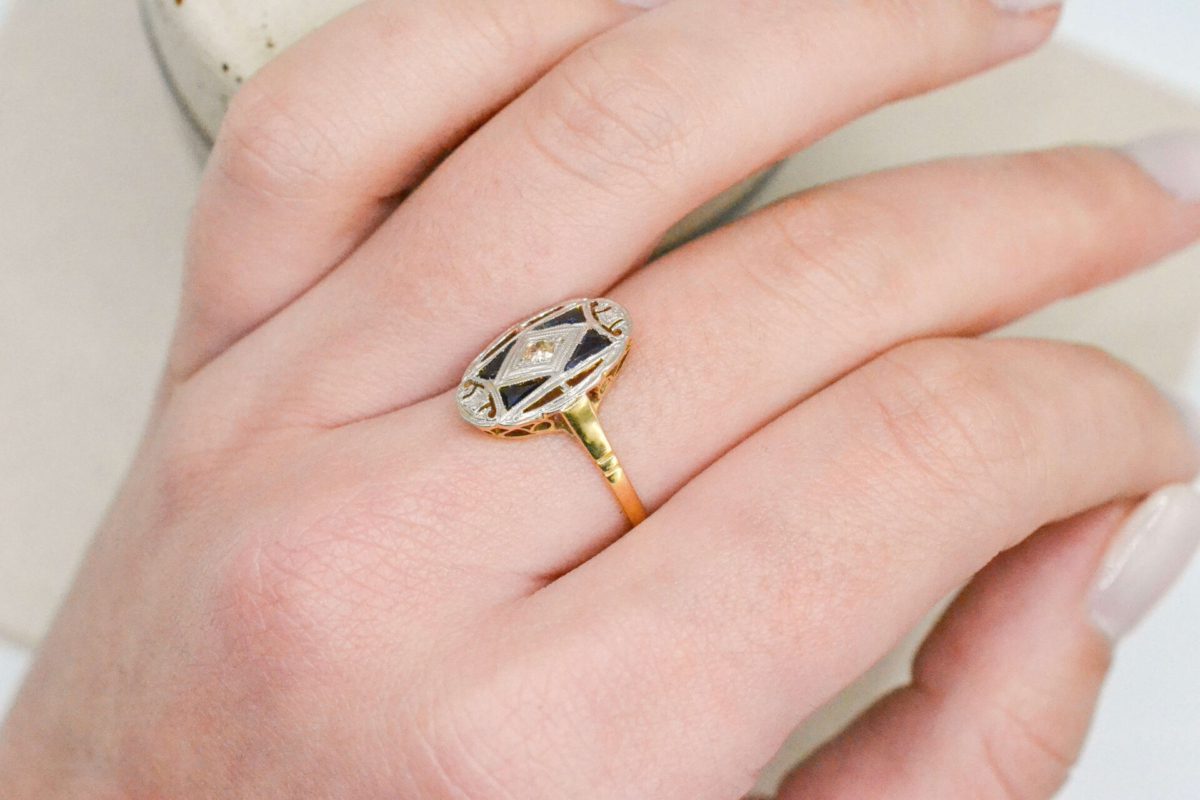 Bague Art Déco 2 Ors Diamants et Saphirs de Synthèse