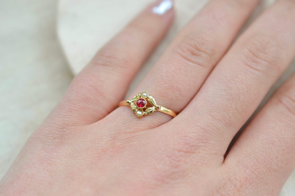 Bague Art Nouveau Rubis Perles