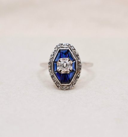 Bague octogonale Diamants et Saphir