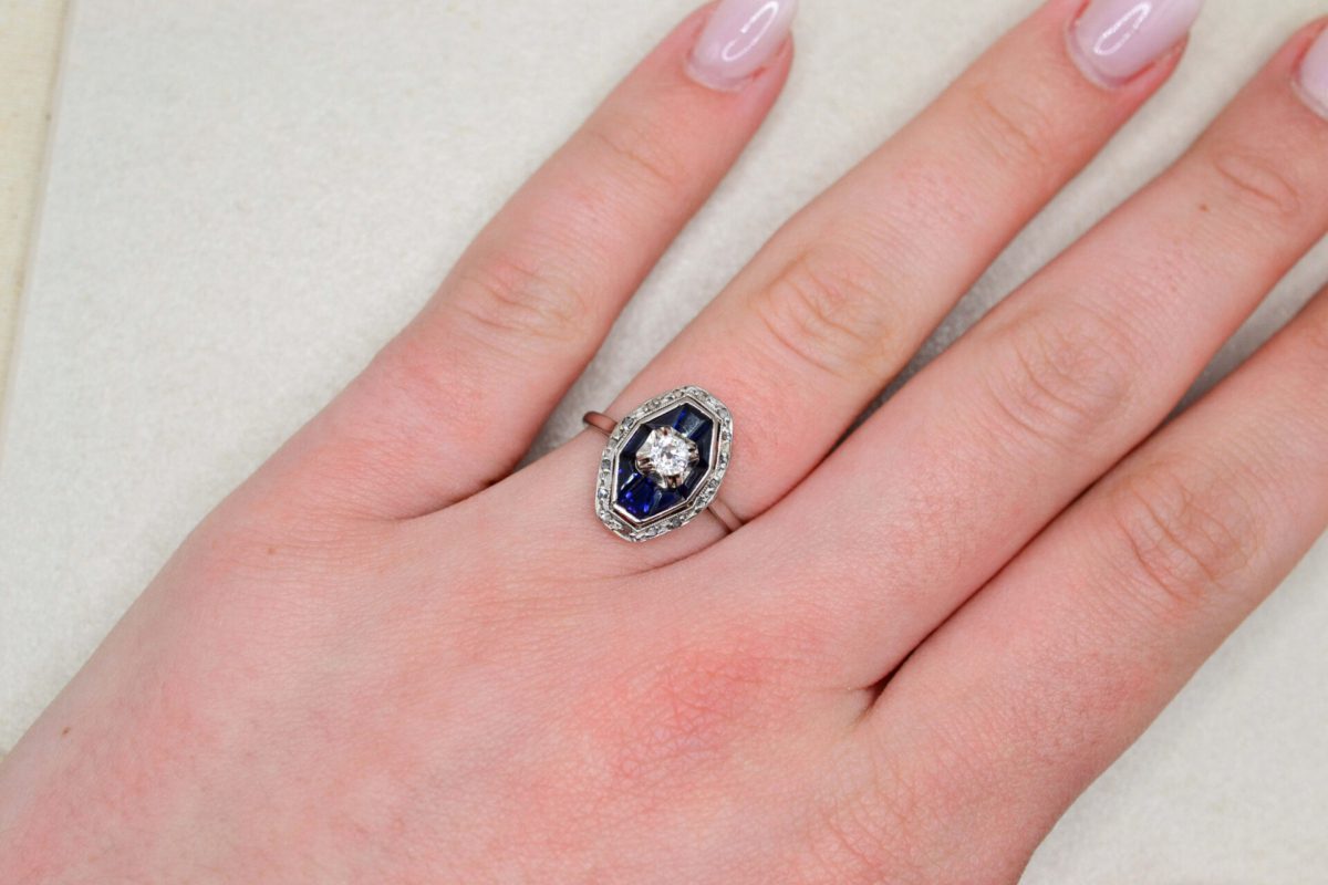 Bague octogonale Diamants et Saphir