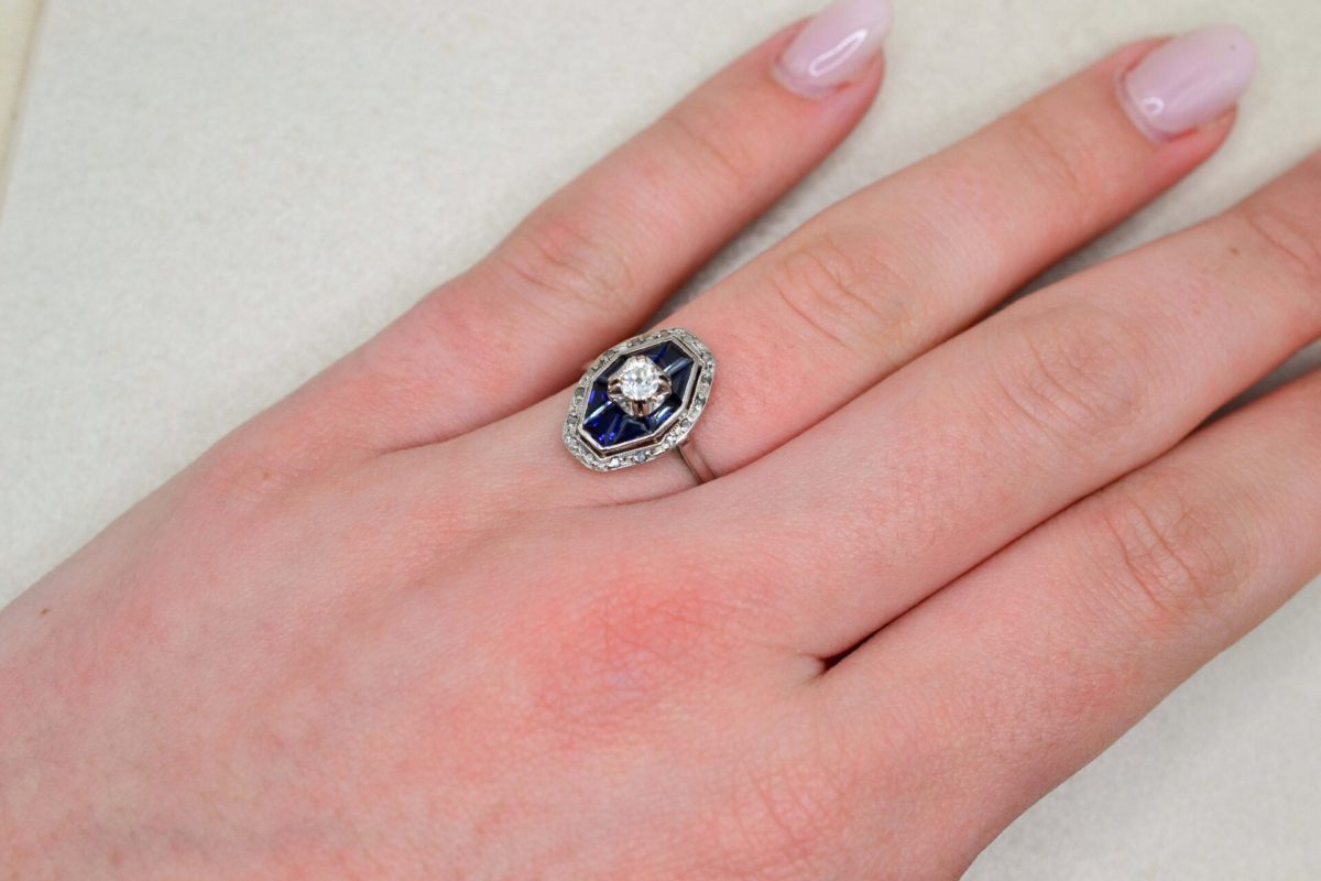 Bague octogonale Diamants et Saphir