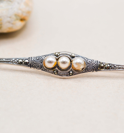Broche Argent Perles et Pyrites